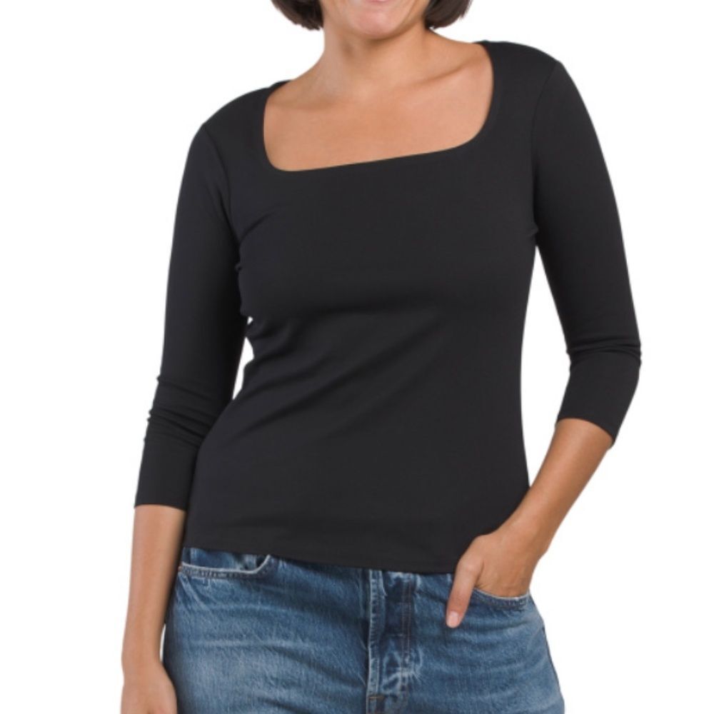 NWT Adrienne Vittadini 3 quarter sleeve square neck black top - Picture 9 of 9